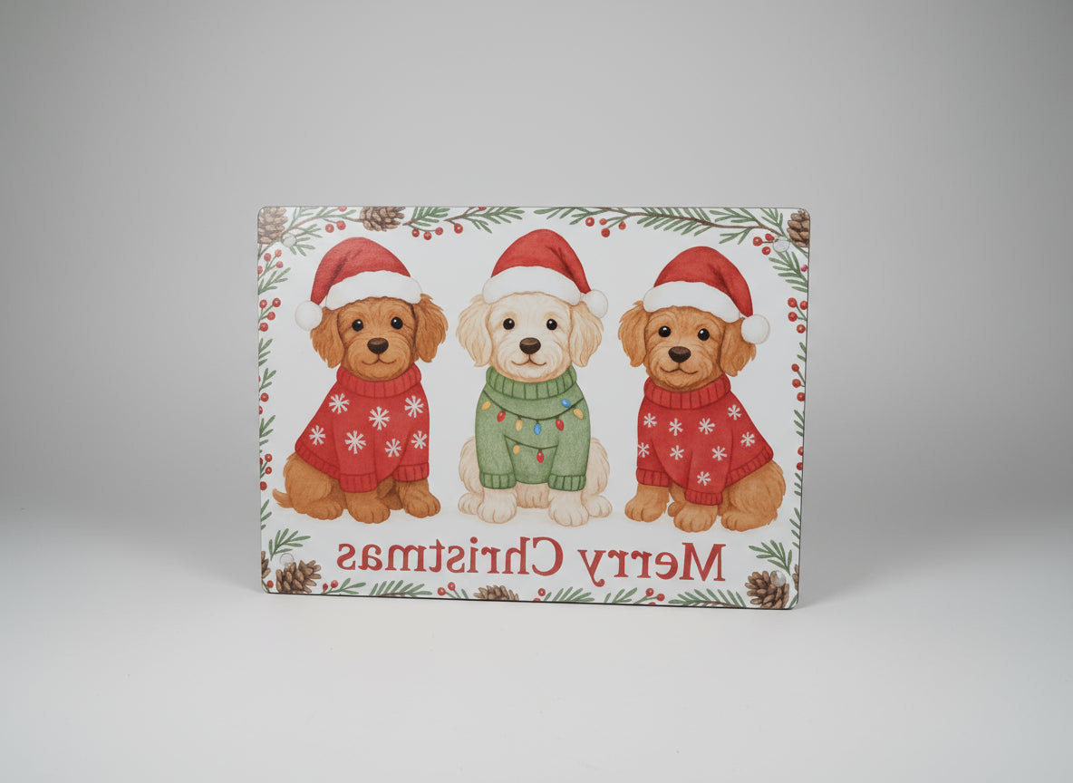 Merry Christmas Glass Cutting Board - Goldendoodle Puppies