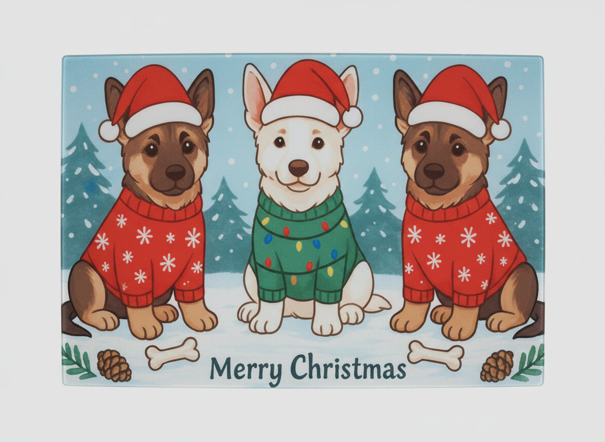 Merry Christmas Glass Cutting Board - Shepherd Puppies Design