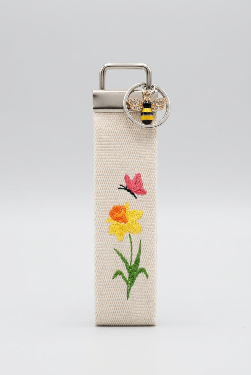 Daffodil and Pink Butterfly wristlet key fob