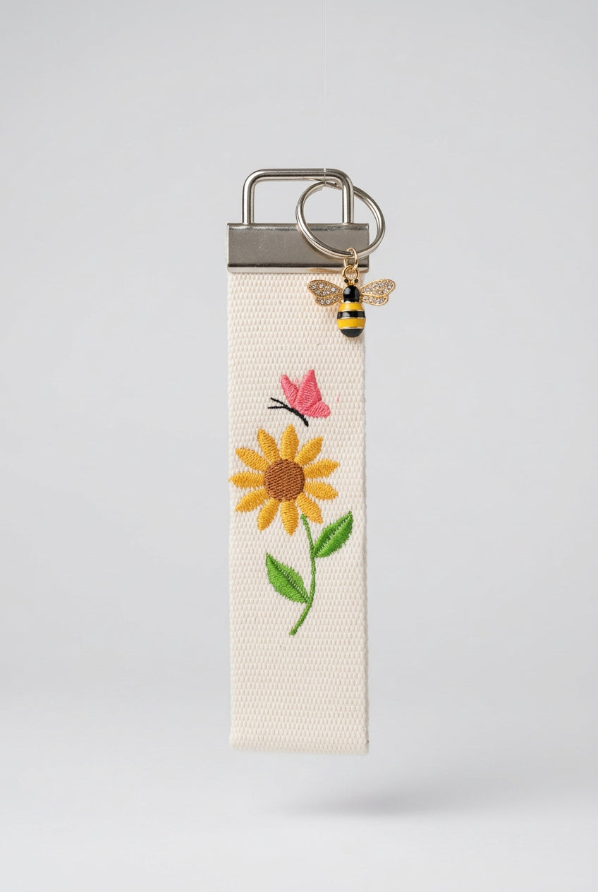 Sunflower and Pink Butterfly wristlet key fob