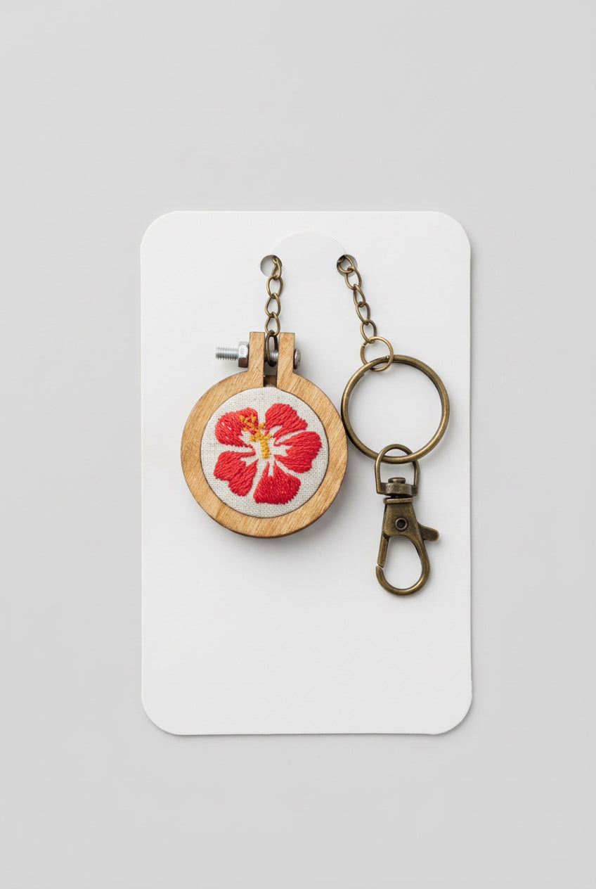 Red Hibiscus embroidered wooden frame keychain