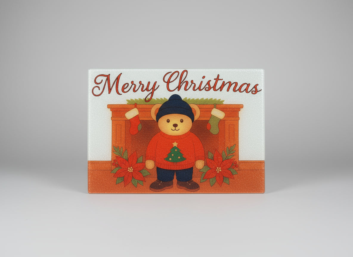 Merry Christmas Glass Cutting Board - Teddy Bear Design