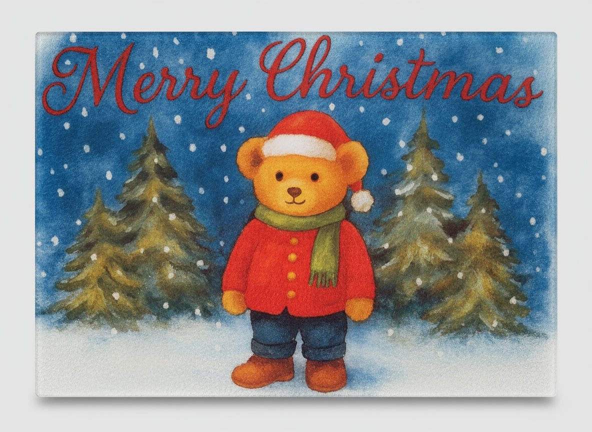 Winter Teddy Bear Glass Cutting Board - Snow Scene