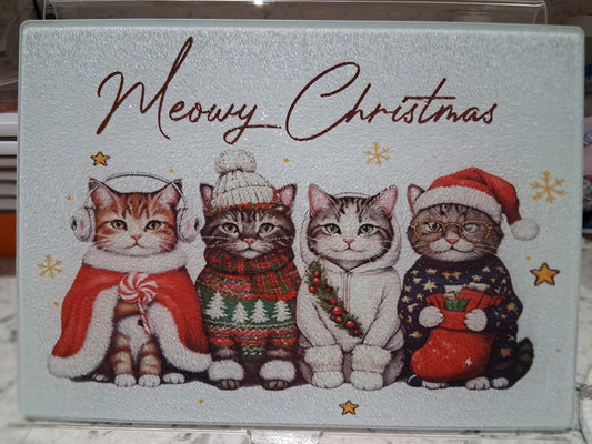 A Meowy Christmas Glass Cutting Board - Cats in Winter Gear