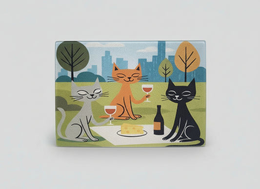 Glass Cutting Board - Cats Wine & Cheese Design