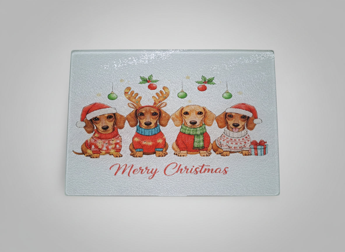 Merry Christmas Glass Cutting Board - Dachshunds Design