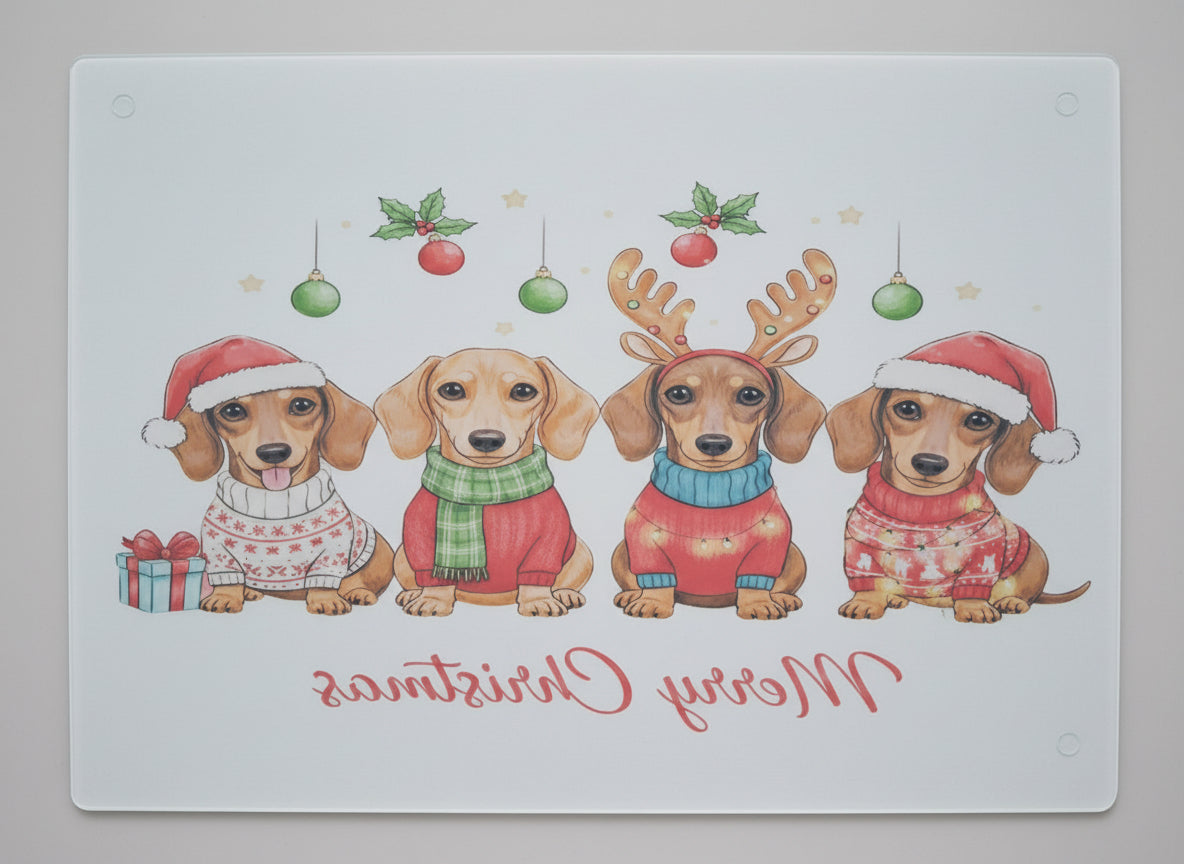 Merry Christmas Glass Cutting Board - Dachshunds Design