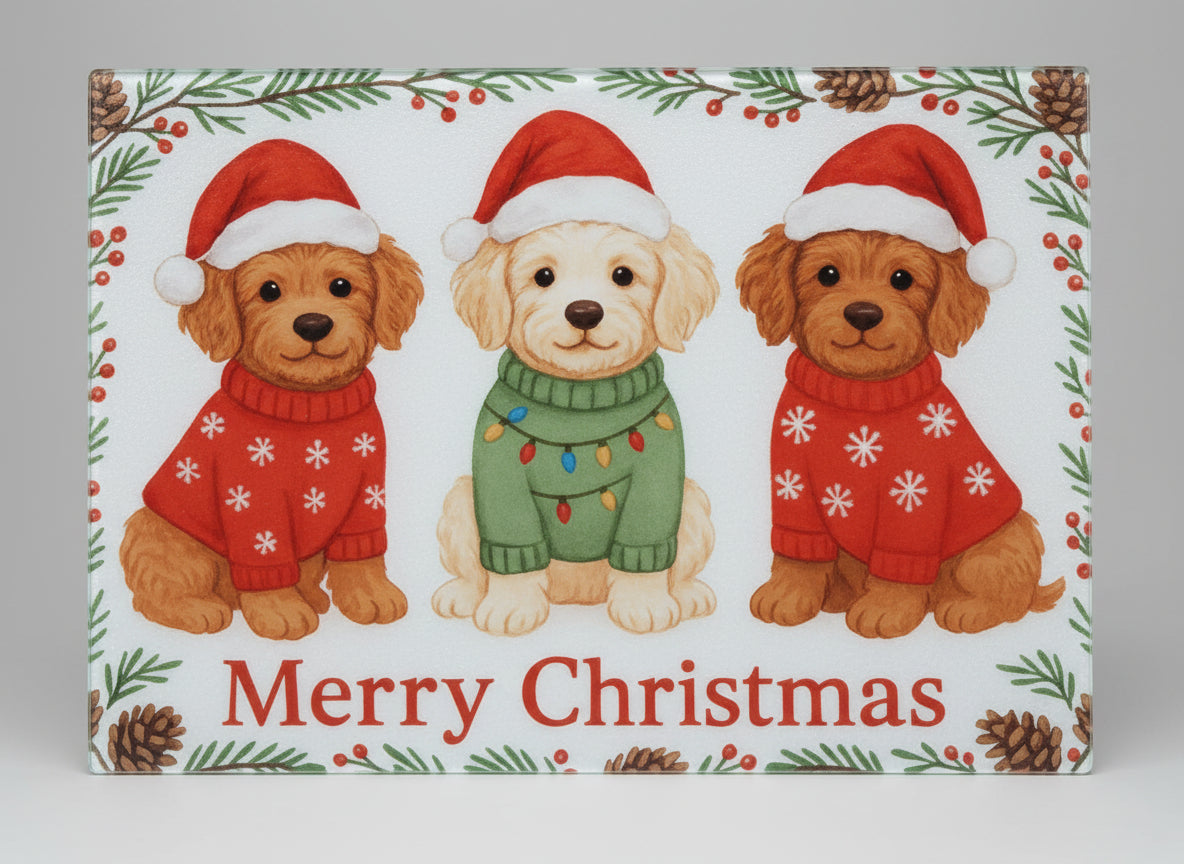 Merry Christmas Glass Cutting Board - Goldendoodle Puppies