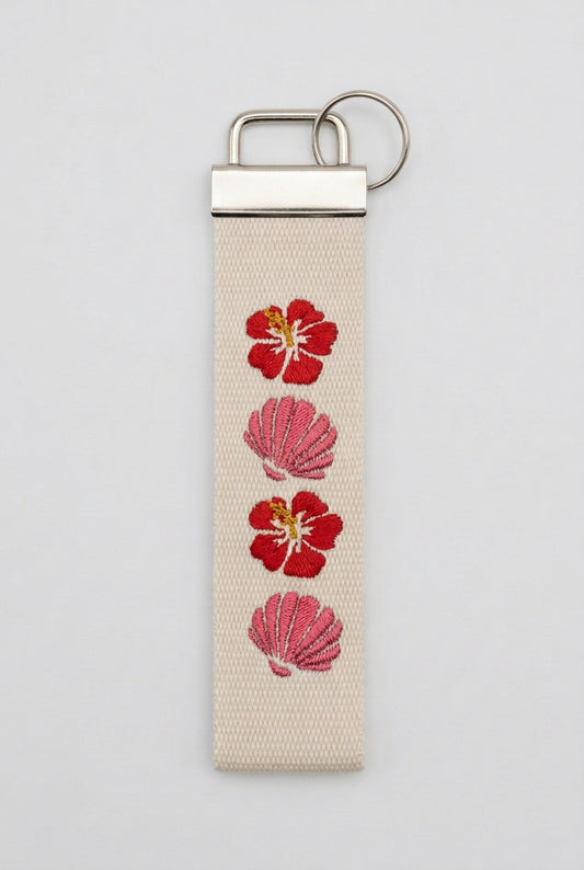 Pink Seashell and Hibiscus wristlet key fob