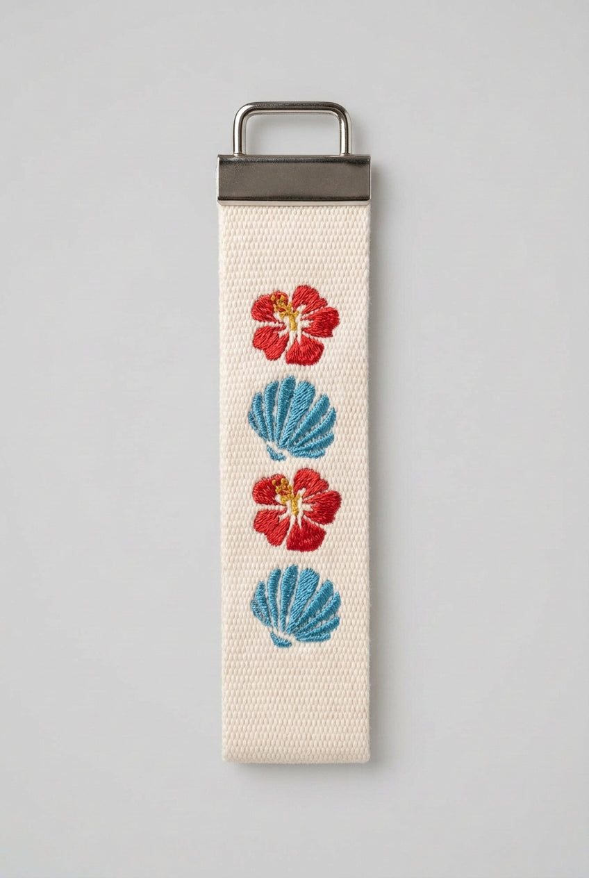 Blue Seashell and Hibiscus wristlet key fob