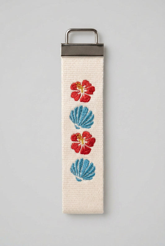 Blue Seashell and Hibiscus wristlet key fob