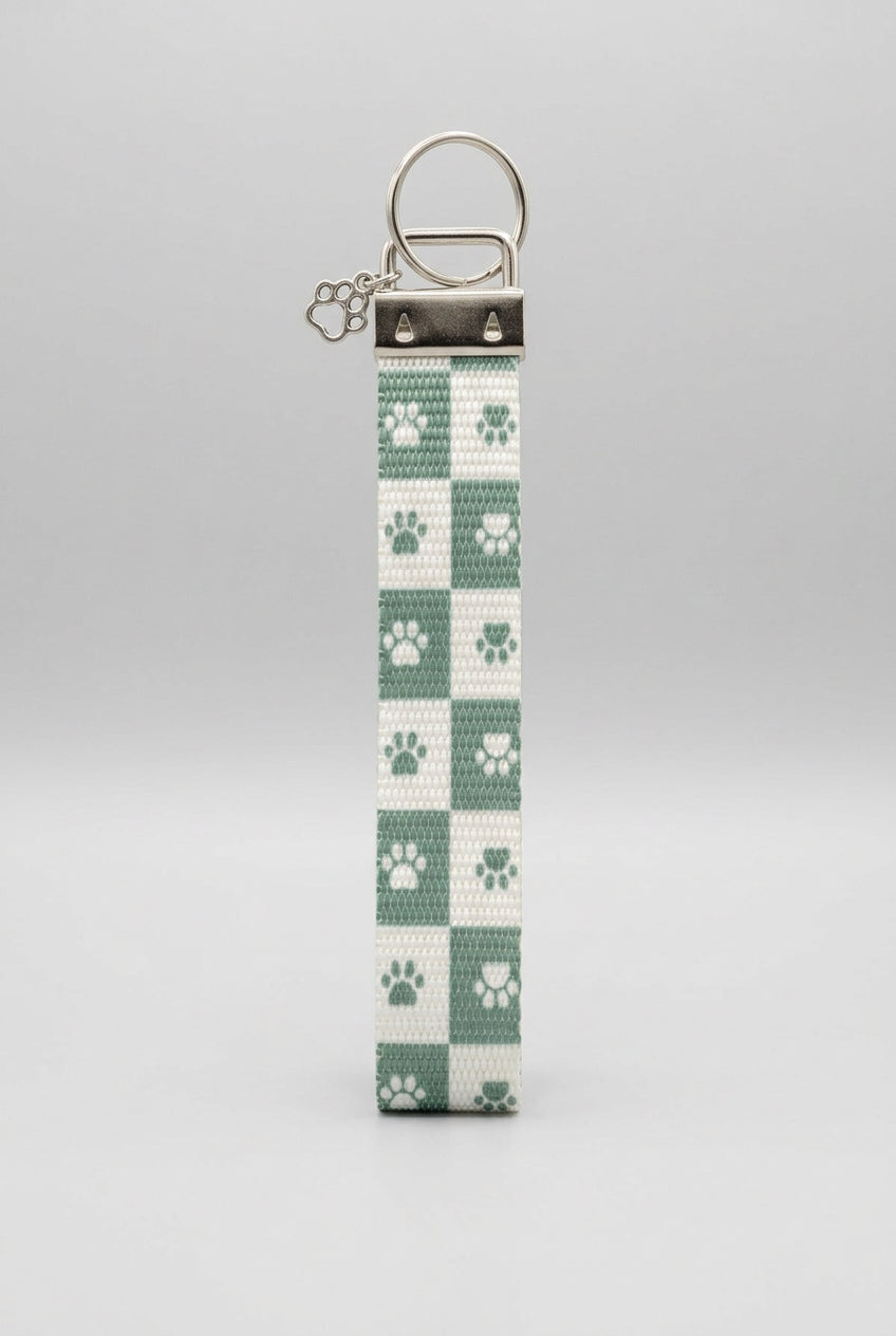 Green Checkered Paws wristlet key fob