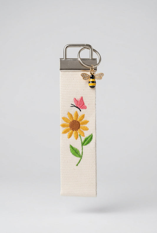 Sunflower and Pink Butterfly wristlet key fob