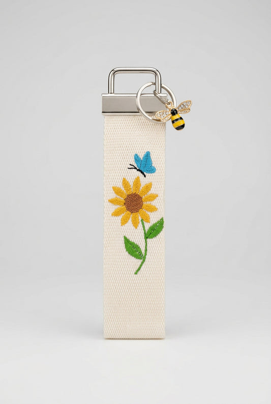 Sunflower and Blue Butterfly wristlet key fob