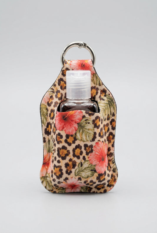 Tropical Floral Leopard hand sanitizer holder with refillable bottle