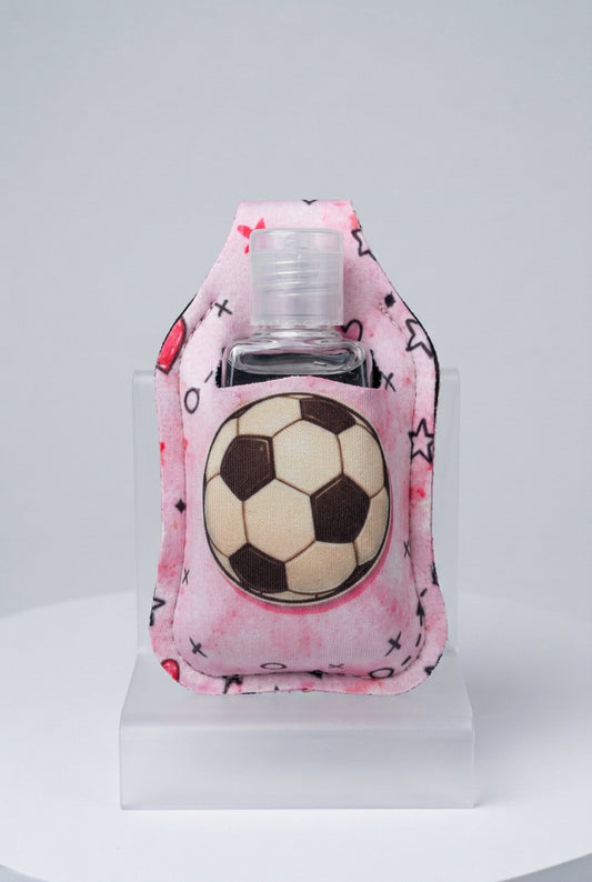 Pink Soccer hand sanitizer holder with refillable bottle