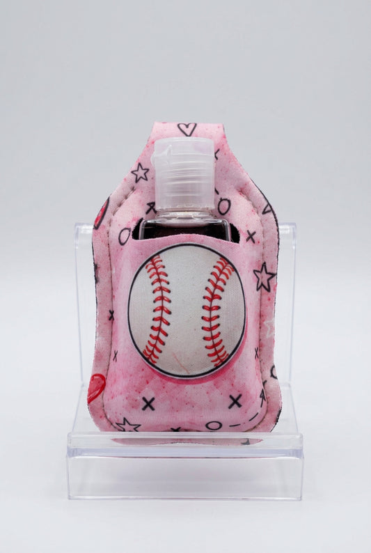 Pink Baseball hand sanitizer holder with refillable bottle