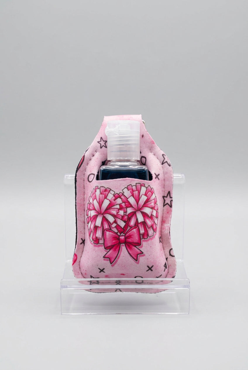 Pink Cheer hand sanitizer holder with refillable bottle