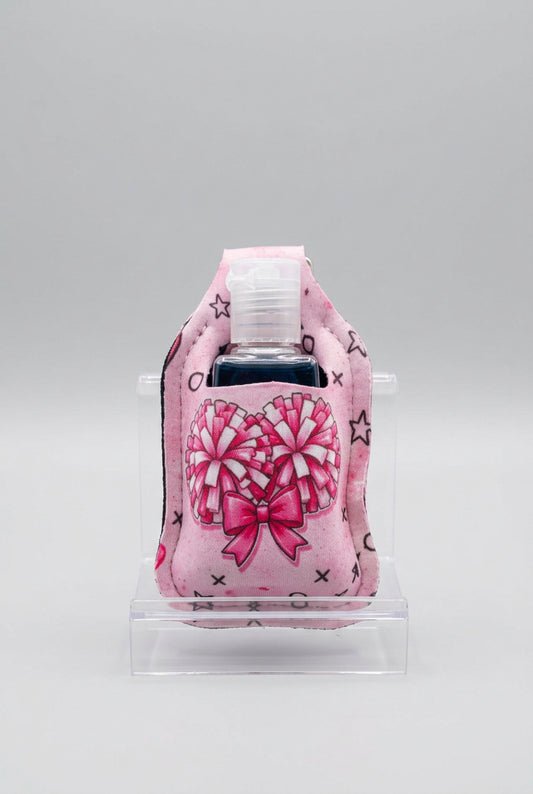 Pink Cheer hand sanitizer holder with refillable bottle