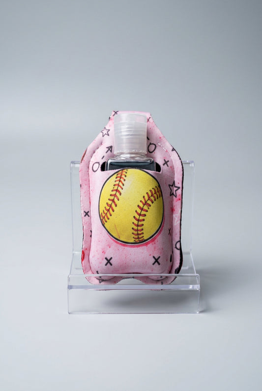 Pink Softball hand sanitizer holder with refillable bottle