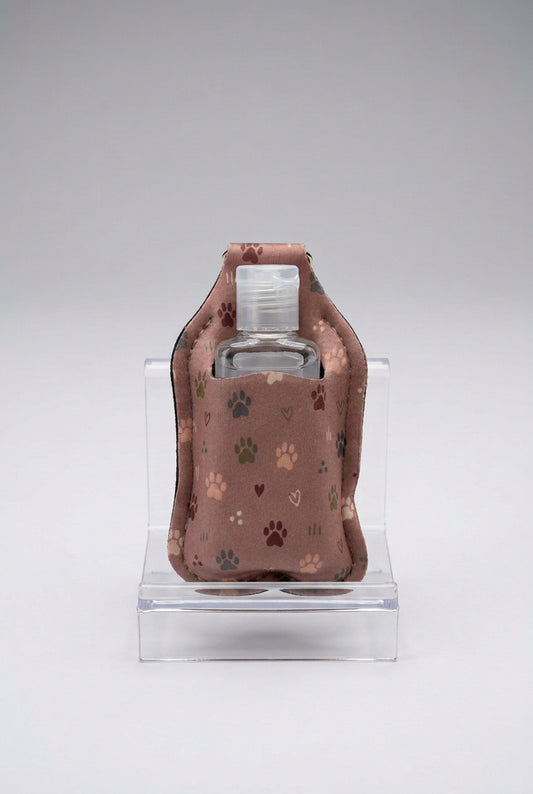Mauve Paws and Hearts hand sanitizer holder with refillable bottle