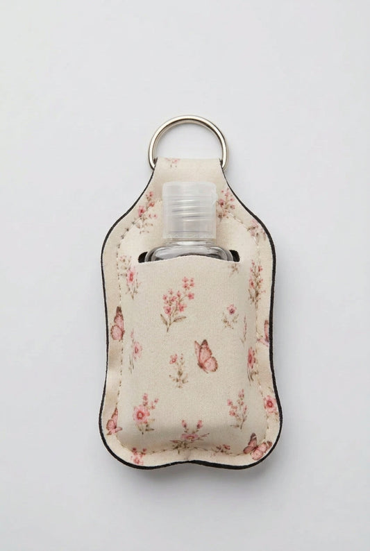 Pink Floral Butterflies hand sanitizer holder with refillable bottle