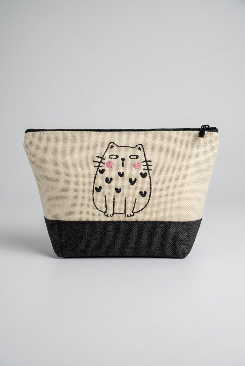 Heart Cat embroidered everyday pouch