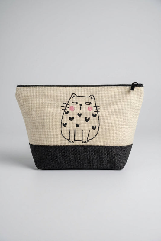 Heart Cat embroidered everyday pouch